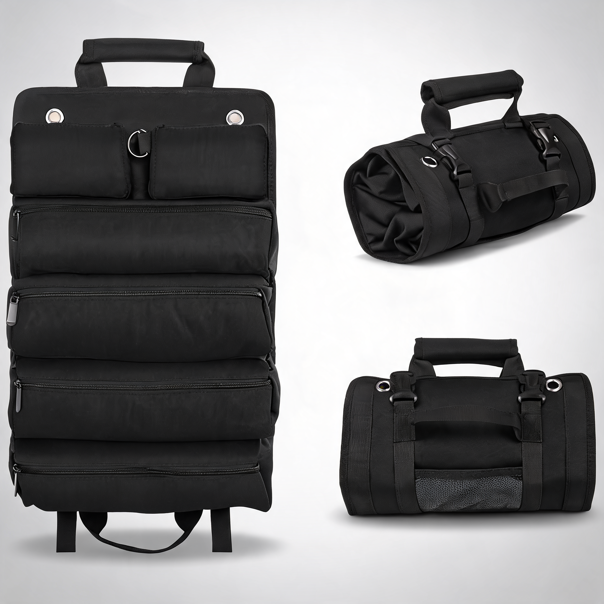 Black Heavy-Duty Roll-Up tool bag organiser waterproof 1200D fabric with 6 pockets and detachable pouches