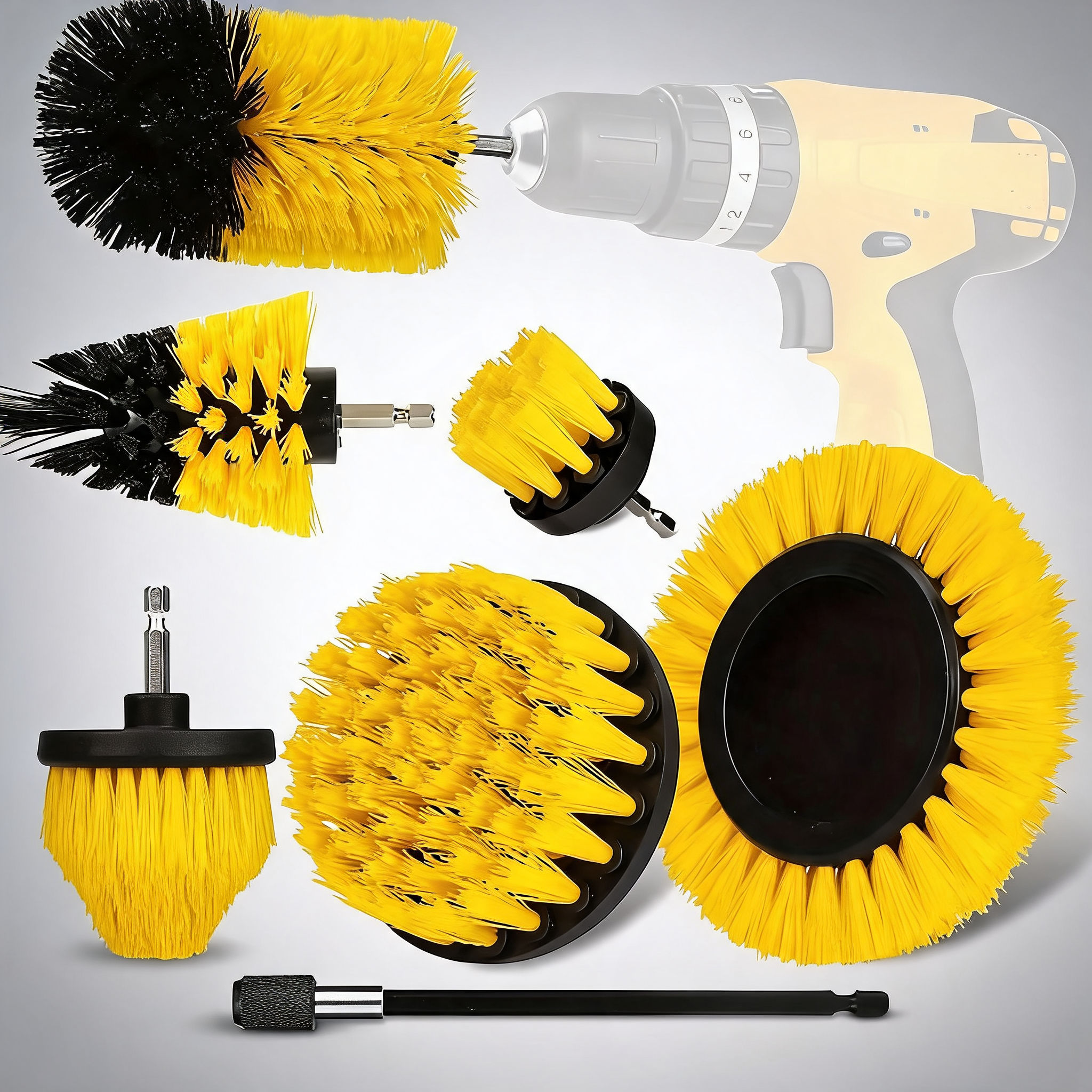 Yellow and black complete 7-Piece drill brush power scrubber set All-Purpose cleaning kit for bathroom tile car detailing