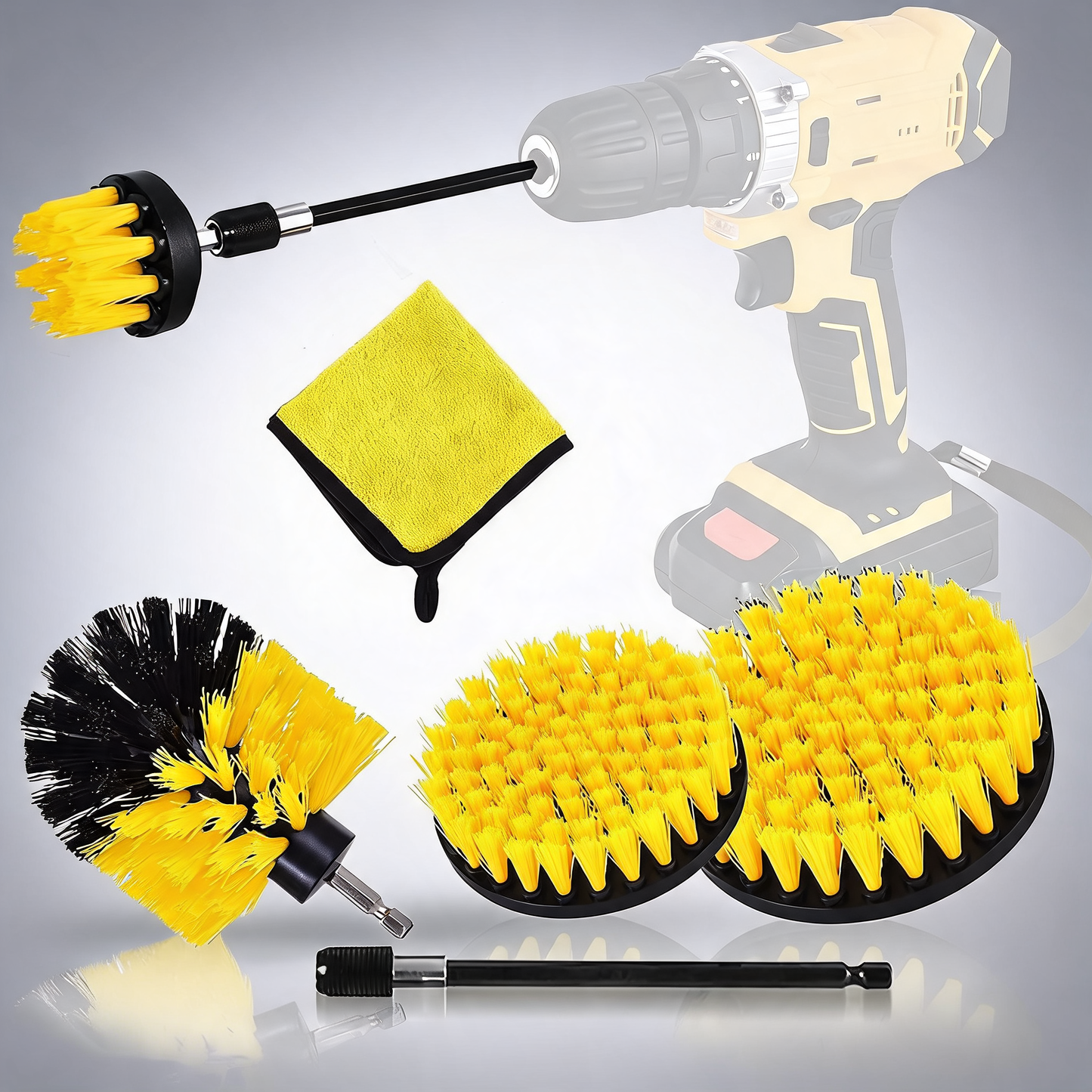 Yellow and black 6 pack drill brush power scrubber cleaning brush extended long attachment set all purpose drill scrub