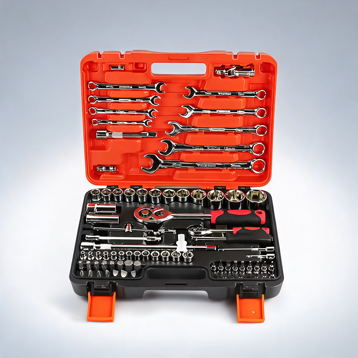 82-Piece professional automotive repair tool set 1/2 and 1/4 drive ratchets sockets and wrenches for engine tyre and spark