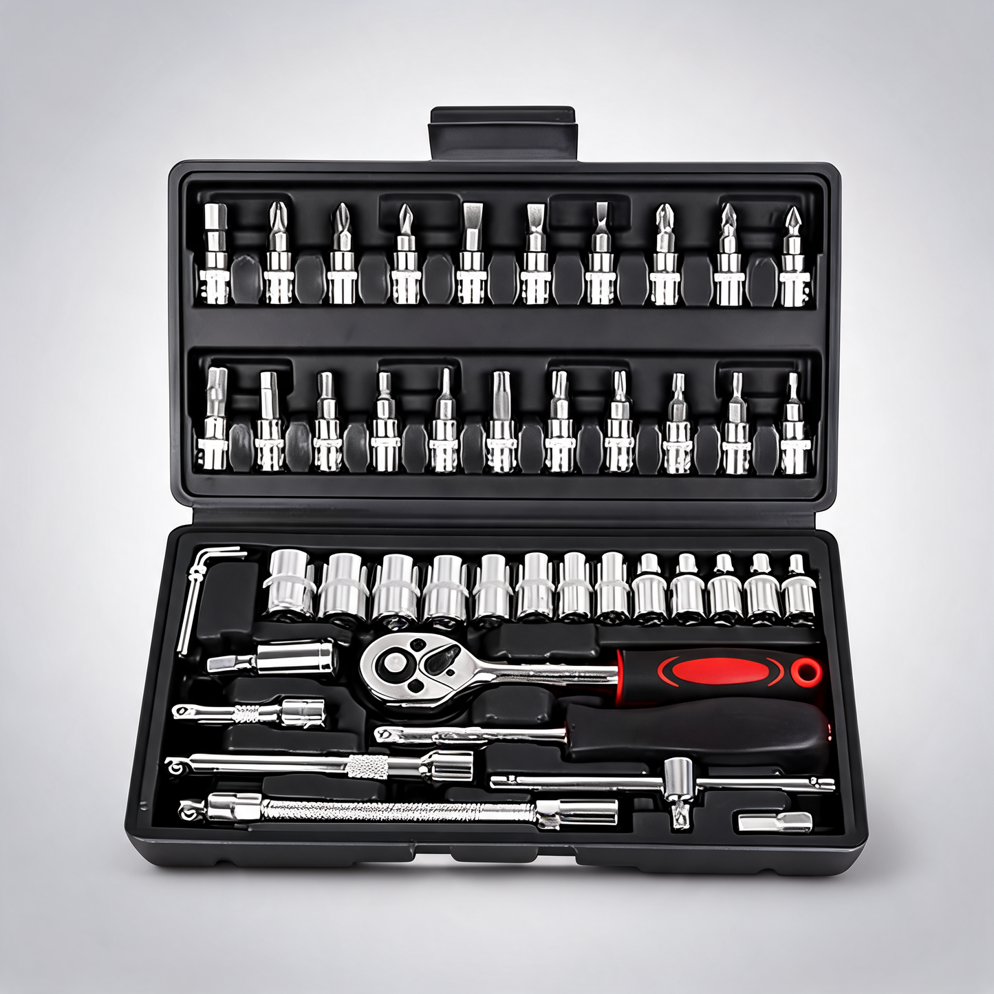 46-Piece professional socket wrench set 1/4 drive chrome vanadium steel ratchet and bit kit for automotive and household