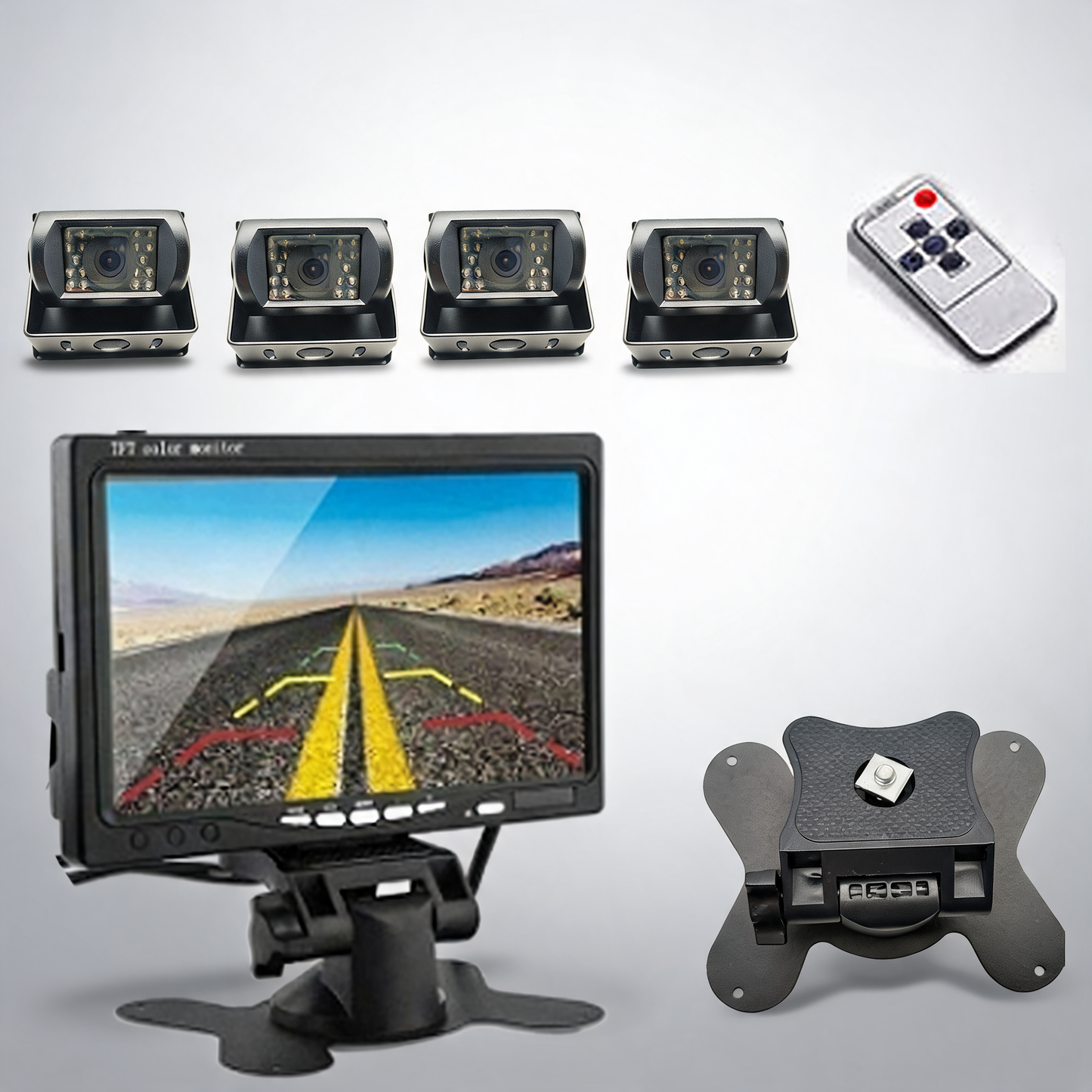 Wireless 4-Channel split 7 inch screen monitor with 4 reversing camera kit for truck trailer bus