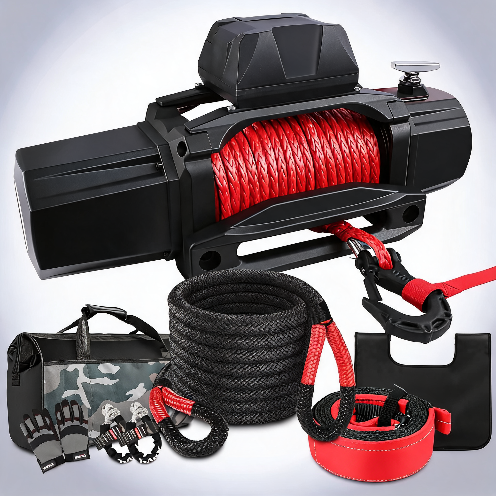 X-BULL 4WD recovery kit kinetic recovery rope with 14500LBS electric winch 12V 4WD 4X4 offroad
