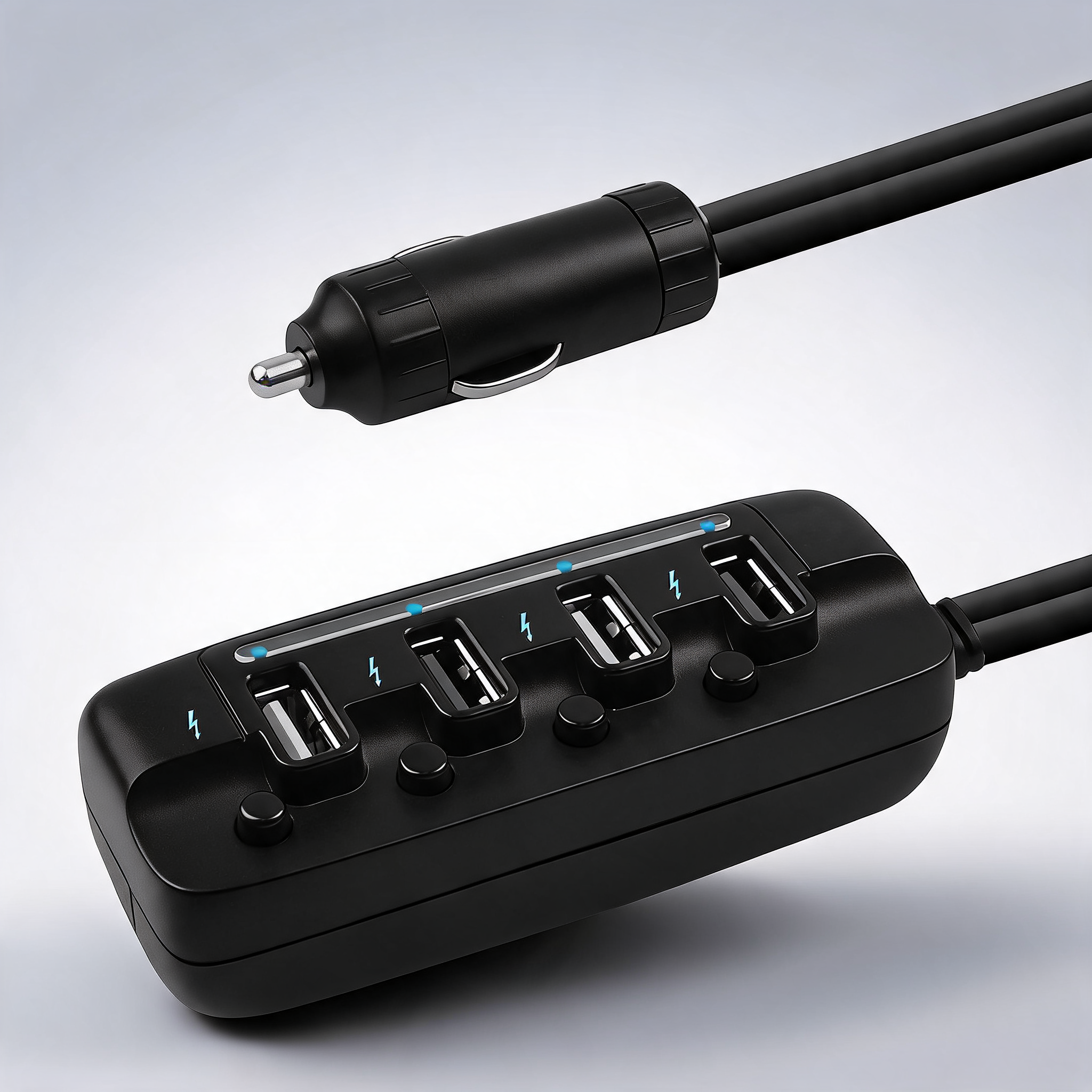 mbeat 40W 4-port USB rapid car charger with individual on/off switches and 90cm extension cable