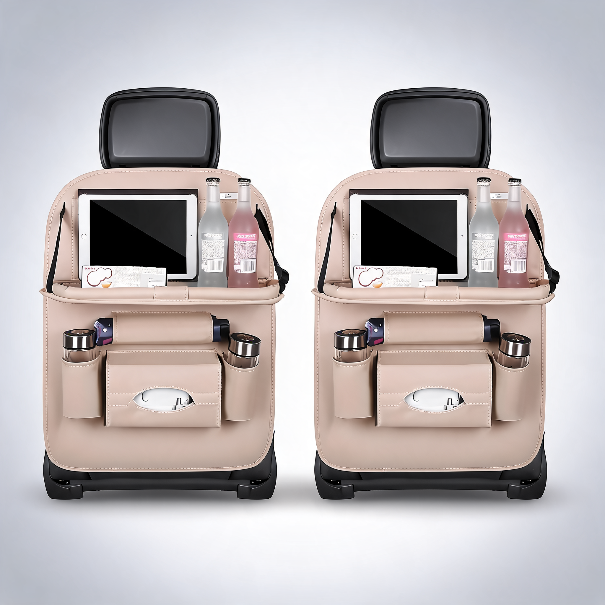 Universal car back seat organiser with foldable table tray and multi-pocket storage