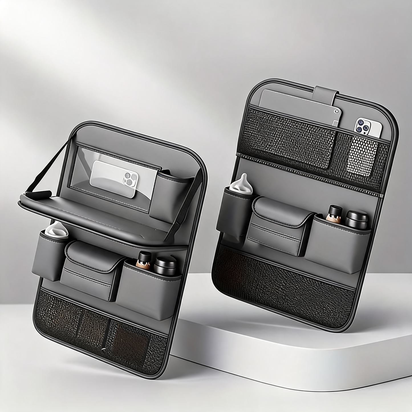 Leather car seat back organiser with foldable tray and multi-pocket storage bag