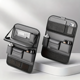 Leather car seat back organiser with foldable tray and multi-pocket storage bag
